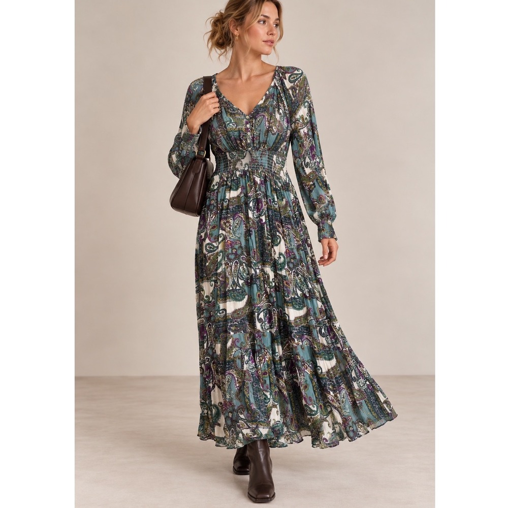 Kate & Sam Paisley Midi Dress Womens M Teal Purple Smocked Boho Whimsigoth